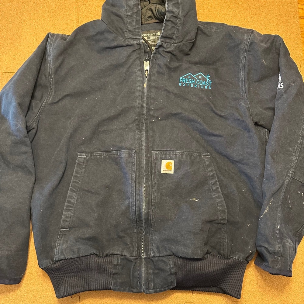 Carhartt J130-M Duck Active Jacket Mens Large Navy Blue‎ Work Hooded Coat Logo